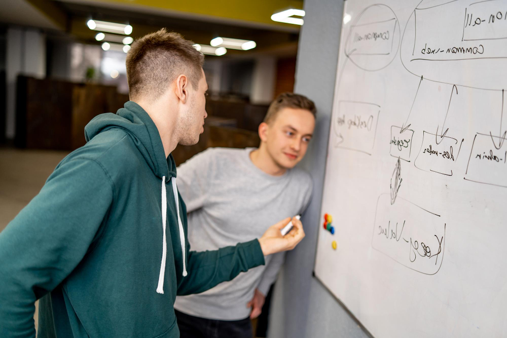 Zwei junge Männer stehen vor einem Whiteboard, einer zeichnet mit einem Stift an einem Ablaufdiagramm.