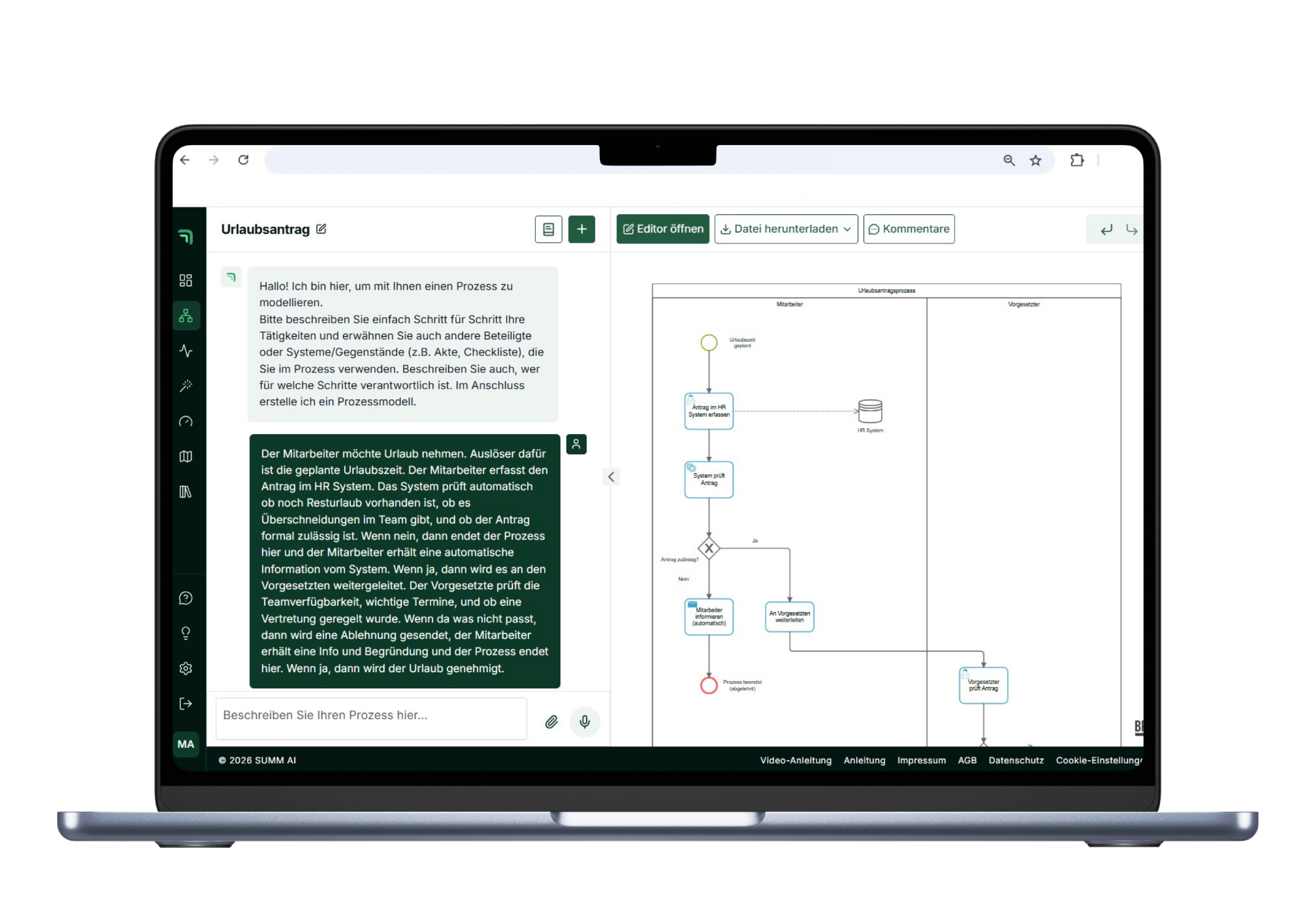 Laptop mit der summ.ai Software für Prozessmanagement. Links beschreibt ein Nutzer im Chat den Ablauf eines Urlaubsantrags in eigenen Worten, rechts erstellt die KI daraus automatisch ein Prozessmodell mit den Rollen Mitarbeiter und Vorgesetzter.