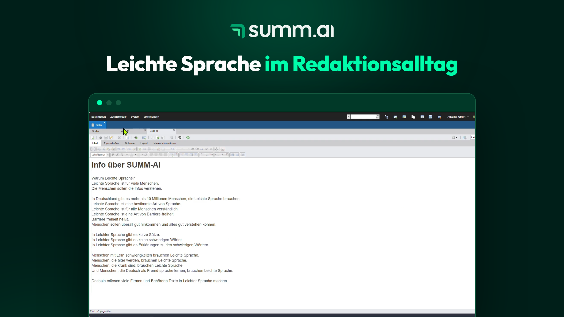Vorschaubild: Leichte Sprache im Redaktionsalltag, das CMS-Plugin im Redaktionssystem