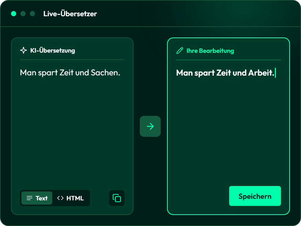 Bearbeitungsansicht im Live-Übersetzer. Links unter „KI-Übersetzung“ steht der Satz „Man spart Zeit und Sachen.“, rechts unter „Ihre Bearbeitung“ die bearbeitete Fassung „Man spart Zeit und Arbeit.“ mit einem Button zum Speichern.
