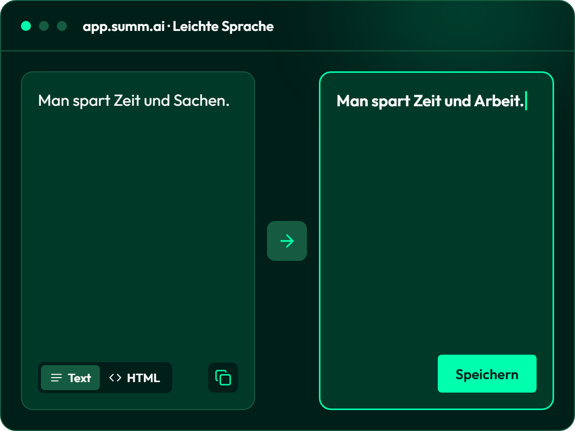 Oberfläche der summ.ai App für Leichte Sprache. Links steht der Satz