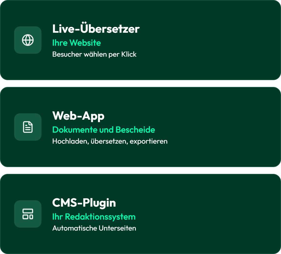 Drei Zugangswege: Live-Übersetzer für Ihre Website, Web-App für Dokumente und Bescheide, CMS-Plugin für Ihr Redaktionssystem